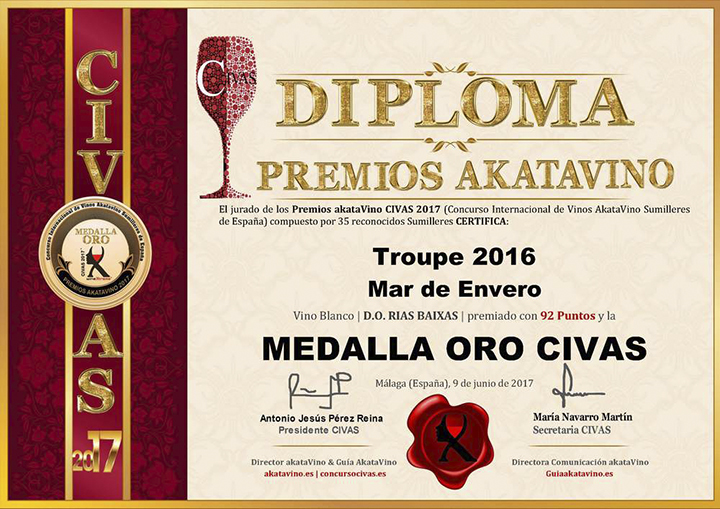 Los albariños Mar de Envero y Troupe reciben la Medalla de Oro en los Premios AkataVino CIVAS 2017